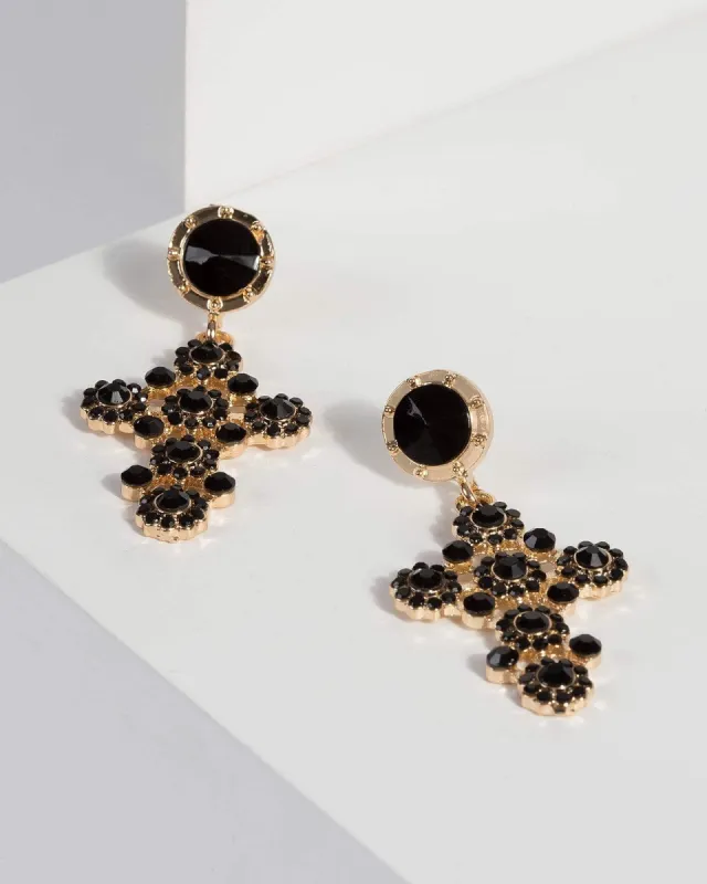 Black Crystal Cross Drop Earrings sold by Collete Hayman
