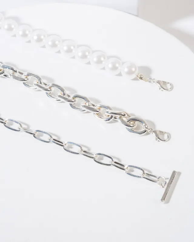 White Layered Chunky Pearly Chain Bracelet Pack sold by Collete Hayman