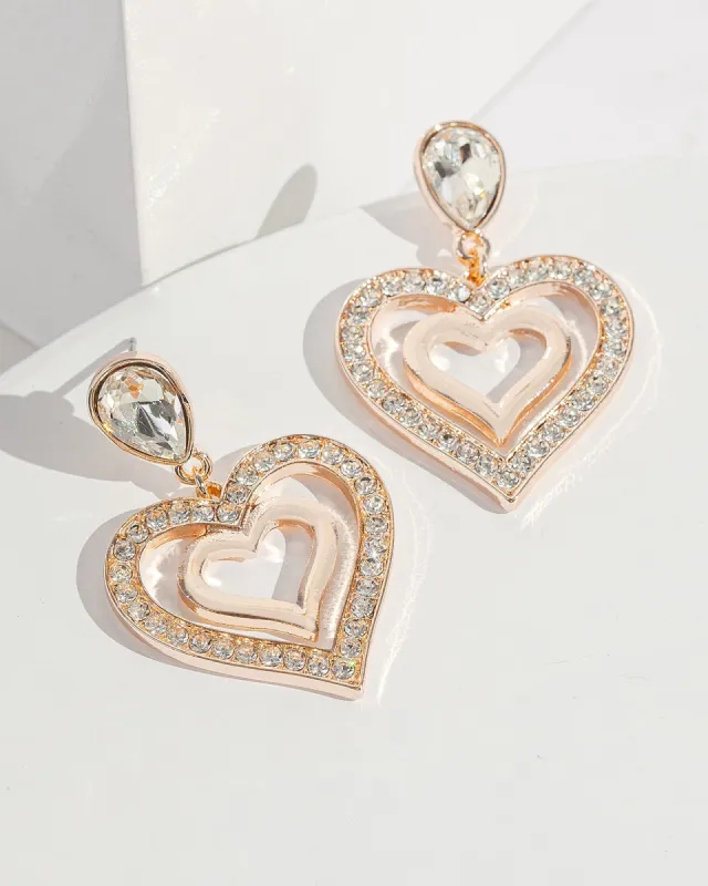 Rose Gold Crystal Double Heart Drop Earrings sold by Collete Hayman