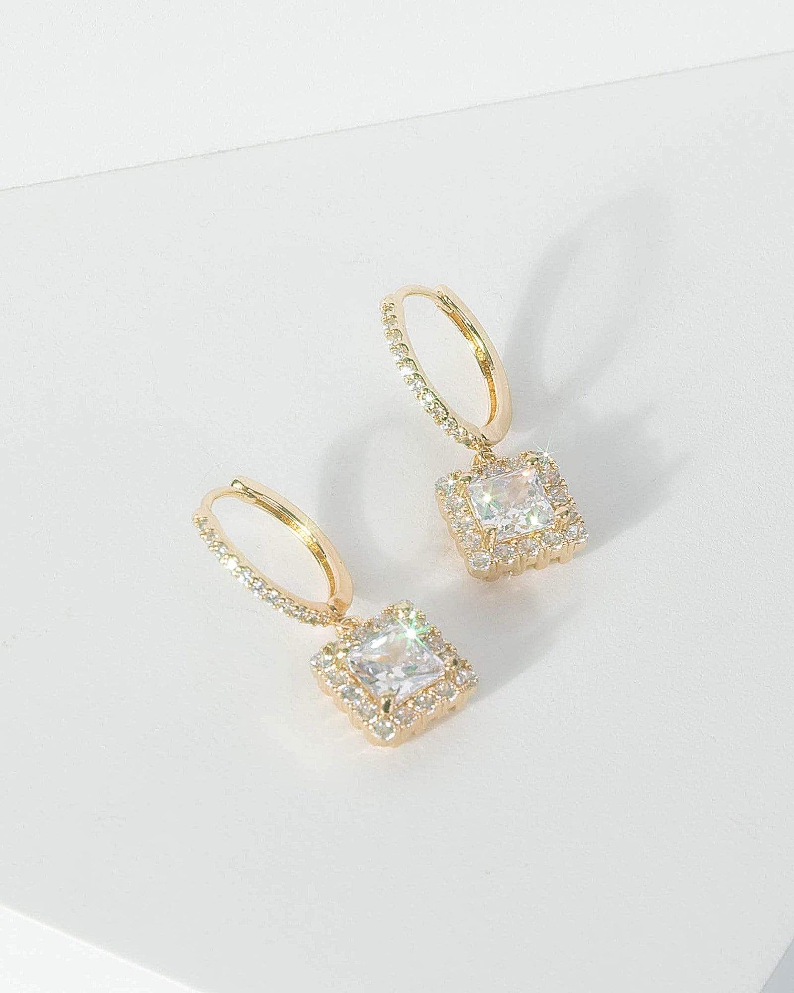 Gold Cubic Zirconia Square Detail Drop Hoop Earrings sold by Collete Hayman