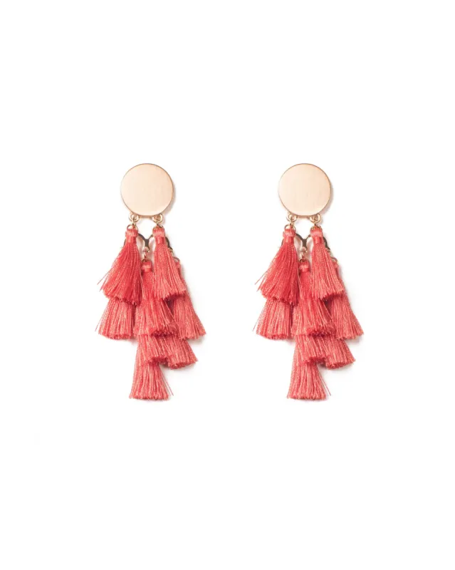 Coral Gold Tone Metal Disk With Layered Tassel Earrings sold by Collete Hayman
