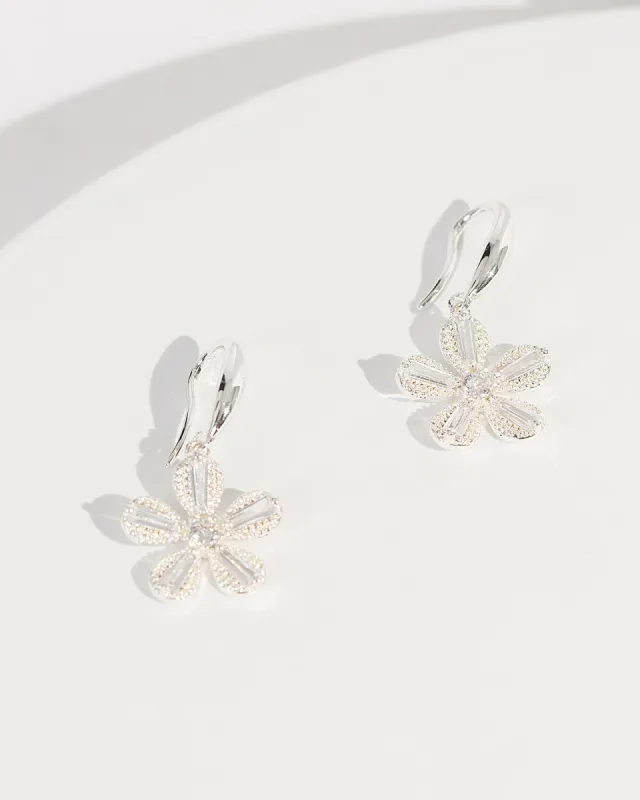 Silver Cubic Zirconia Flower Hook Drop Earrings sold by Collete Hayman