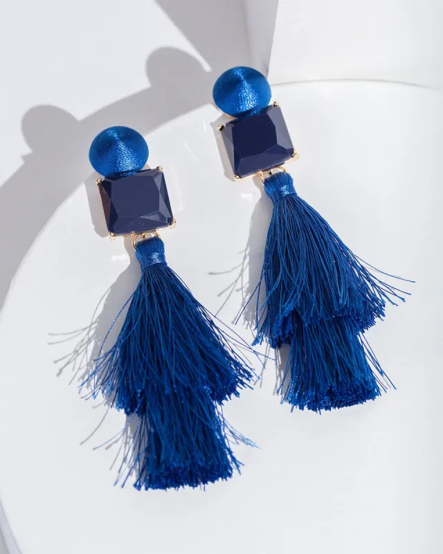 Navy Blue Double Tassel Drop Statement Earrings sold by Collete Hayman