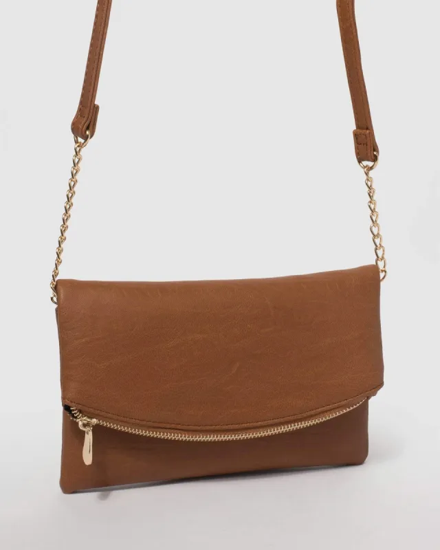 Tan Smooth Zoe Foldover Clutch Bag With Gold Hardware sold by Collete Hayman
