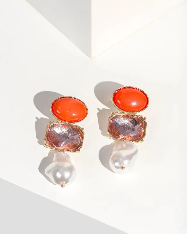 Orange Stone And Pearl Drop Earrings sold by Collete Hayman