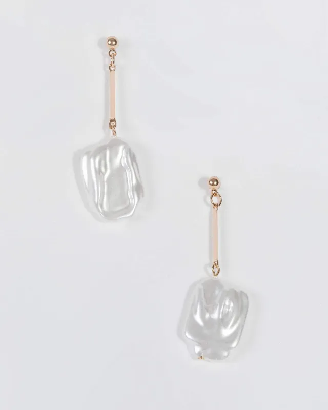 Gold Square Pearl Bar Drop Earrings sold by Collete Hayman