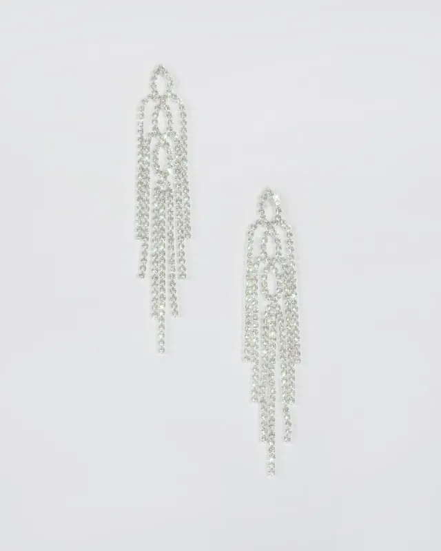 Silver Diamante Chain Tassel Statement Earrings sold by Collete Hayman