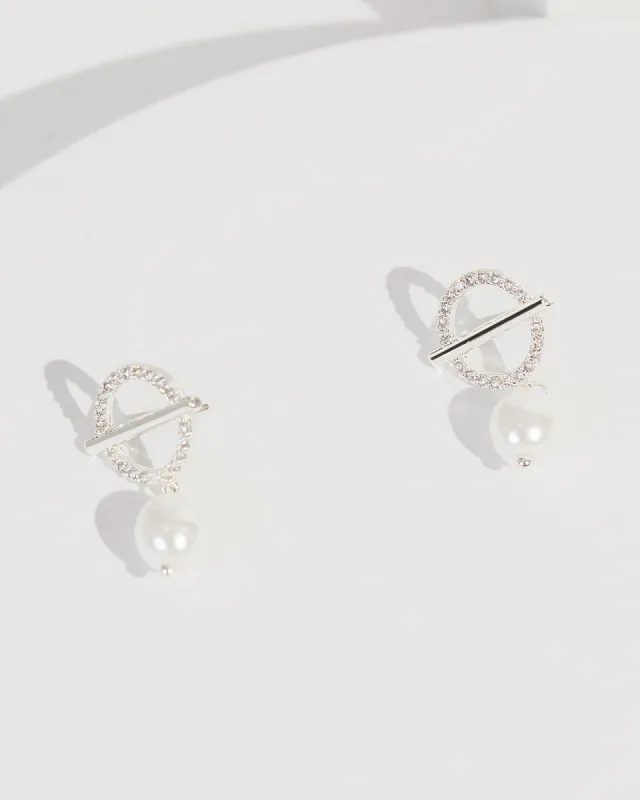 Silver Cubic Zirconia Metal Bar Pearl Earrings sold by Collete Hayman
