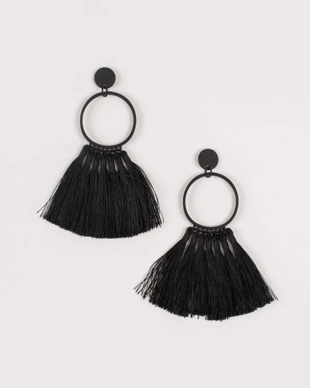 Black Hoop with Tassel Drop Earrings sold by Collete Hayman
