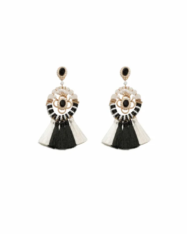 Monochrome Gold Tone Oval Stone Beaded Tassel Statement Earrings sold by Collete Hayman