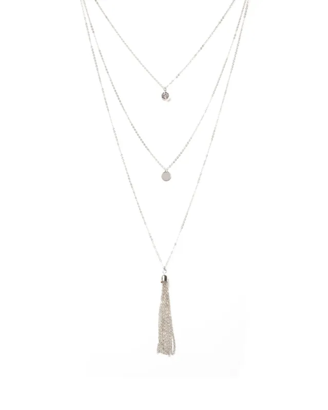 Diamante Stone Disc Tassel 3 Row Necklace sold by Collete Hayman