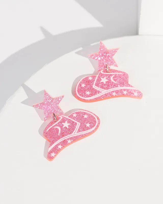 Pink Glitter Cowboy Hat Star Drop Eearrings sold by Collete Hayman