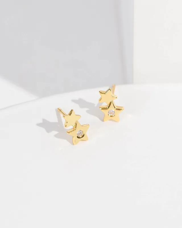 Gold Double Star Crystal Stud Earrings sold by Collete Hayman