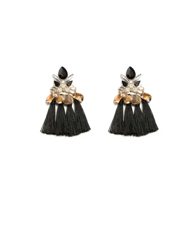 Black Gold Tone Stone Four Tassel Disc Earrings sold by Collete Hayman