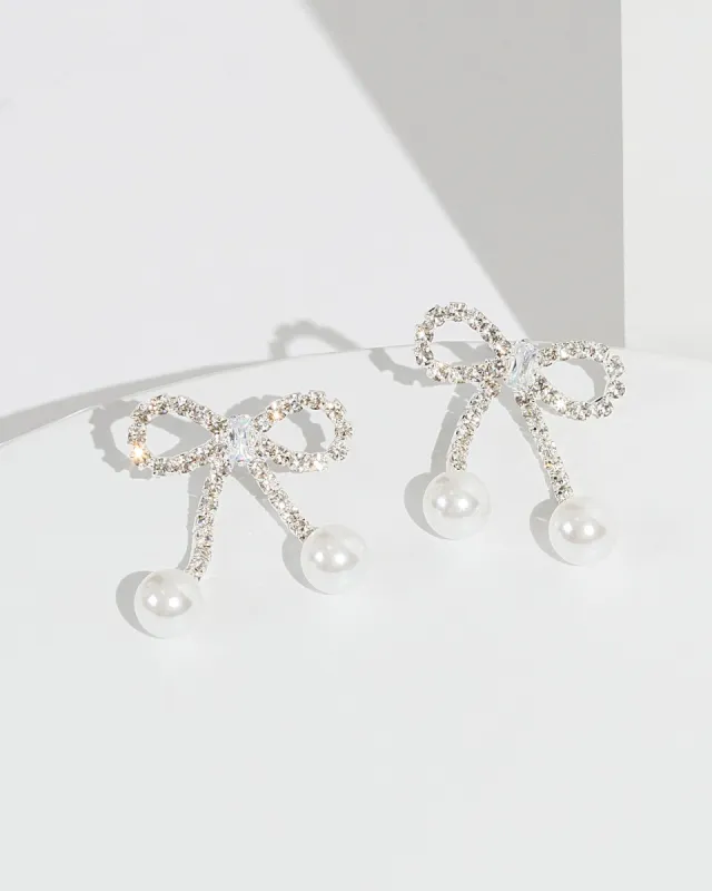 Silver Crystal Bow Detail Earrings sold by Collete Hayman