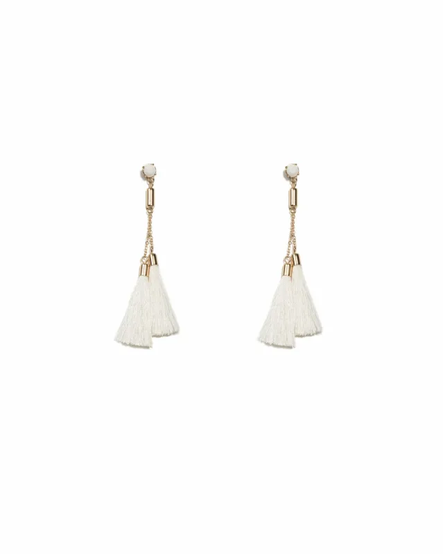 White Gold Tone Double Tassel Statement Earrings sold by Collete Hayman