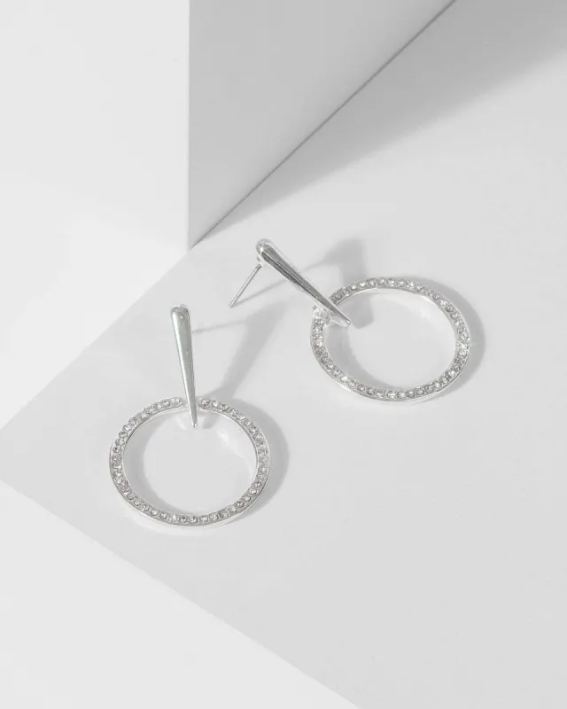 Silver Drop Bar Round Diamante Drop Earrings sold by Collete Hayman
