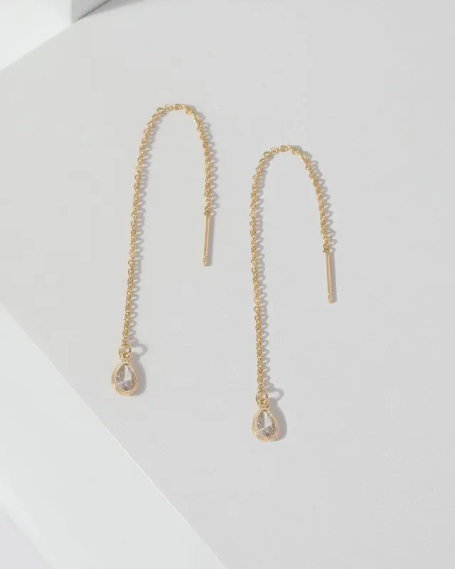 Gold Cubic Zirconia Tear Drop Threader Earrings sold by Collete Hayman