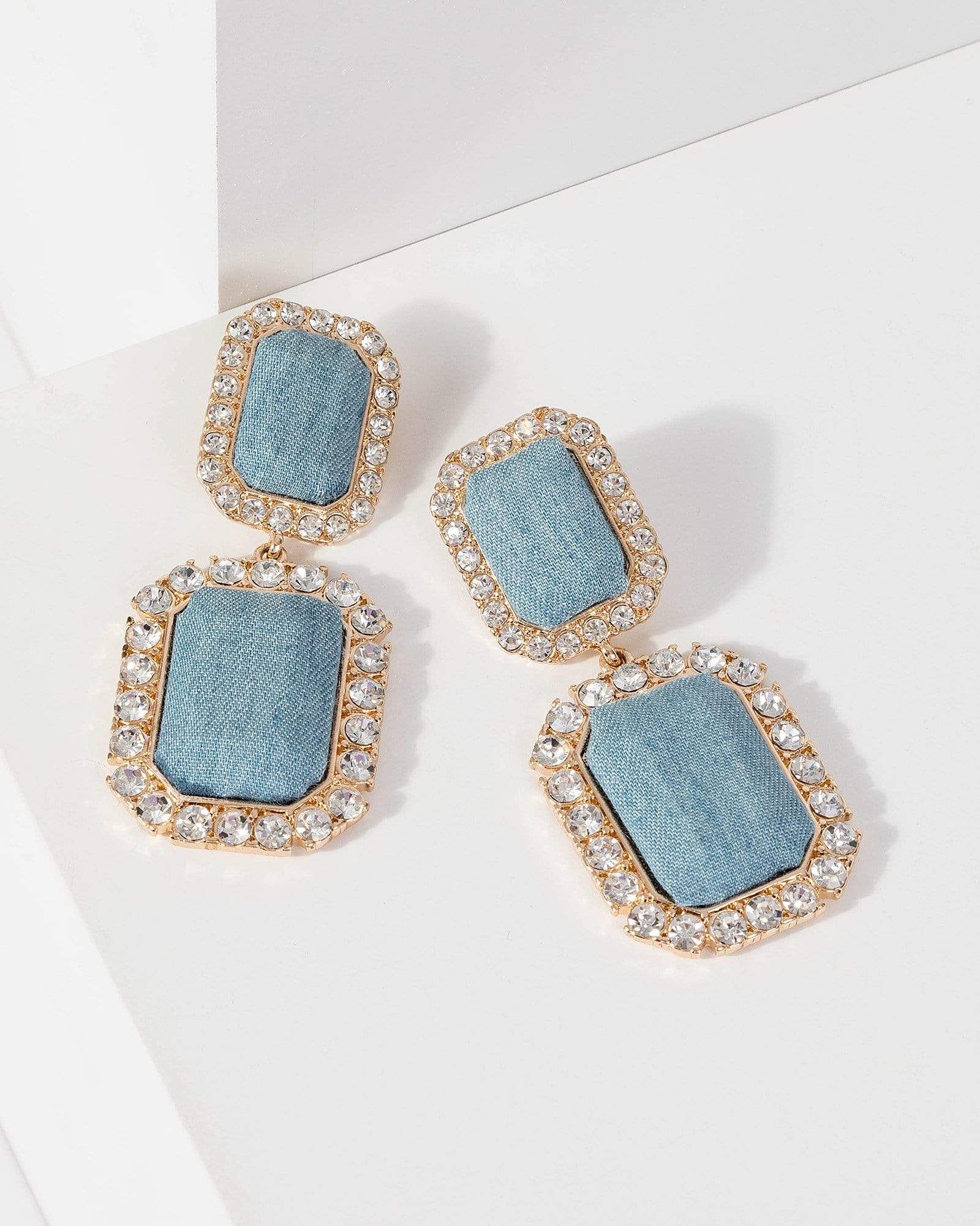 Blue Denim Covered Crystal Earrings sold by Collete Hayman