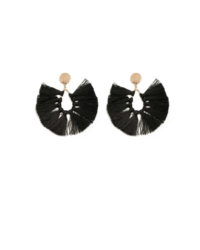 Black Gold Tone Tassel Fan Statement Earrings sold by Collete Hayman