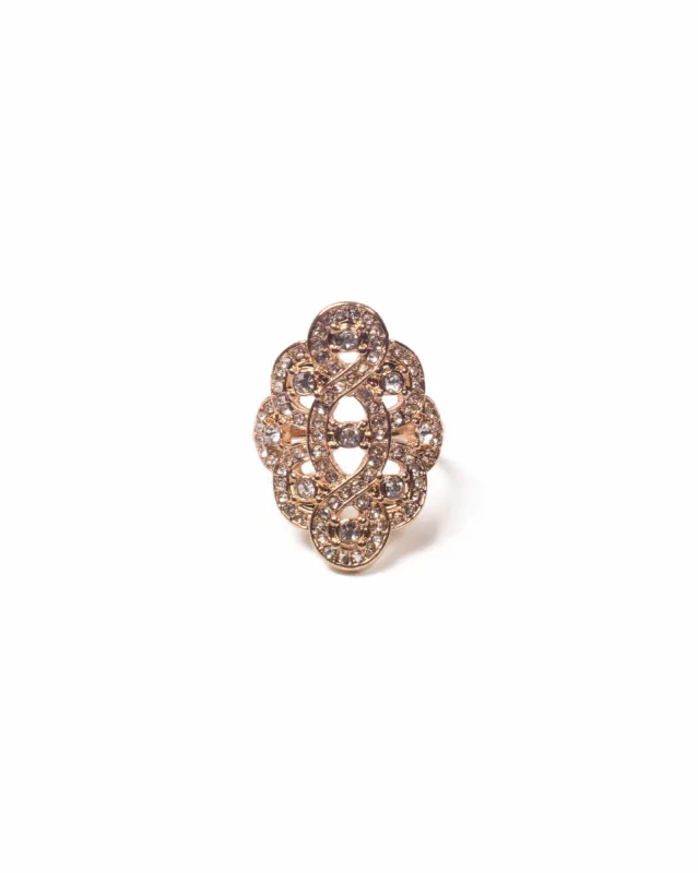 Crystal Gold Tone Filigree Diamante Cocktail Ring - Medium sold by Collete Hayman