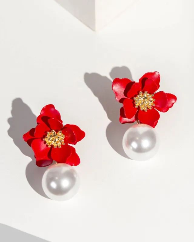 Red Flower And Pearl Drop Detail Earrings sold by Collete Hayman
