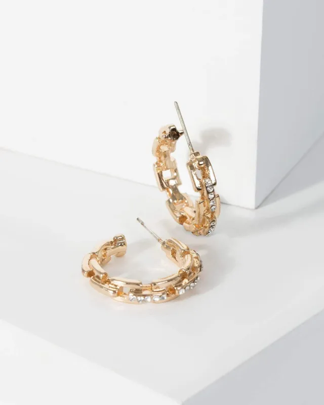 Gold Diamante Detail Linked Metal Chain Hoop Earrings sold by Collete Hayman