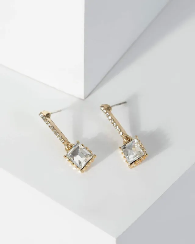 Gold Square Diamante Drop Bar Earrings sold by Collete Hayman