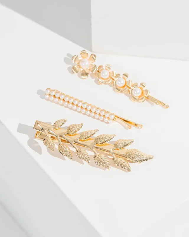 Gold 3 Pack Leaf And Flower Hair Slides sold by Collete Hayman