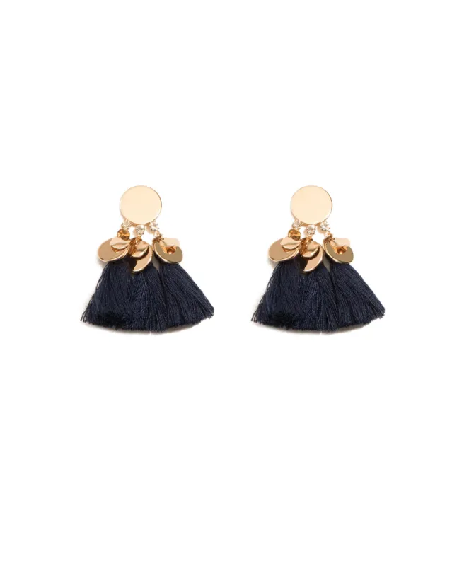 Navy Gold Tone Drop Disk Tassel Statement Earrings sold by Collete Hayman