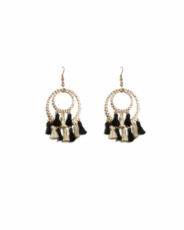 Black Gold Tone Multi Tassel Hammered Circle Earrings sold by Collete Hayman