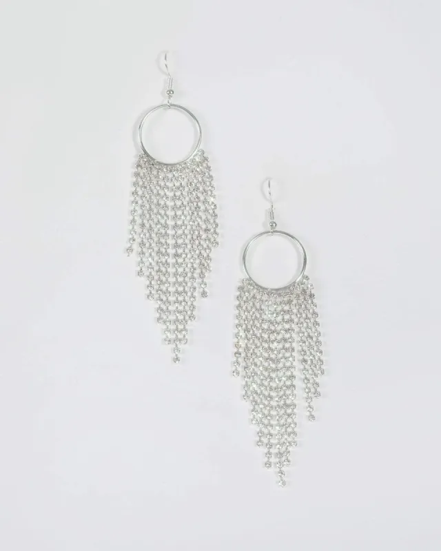 Silver Circle Diamante Tassel Earrings sold by Collete Hayman