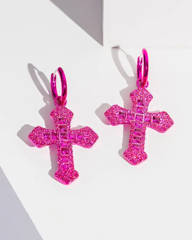 Pink Crystal Cross Hoop Earrings sold by Collete Hayman