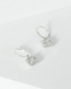 Silver Cubic Zirconia Square Detail Drop Hoop Earrings sold by Collete Hayman
