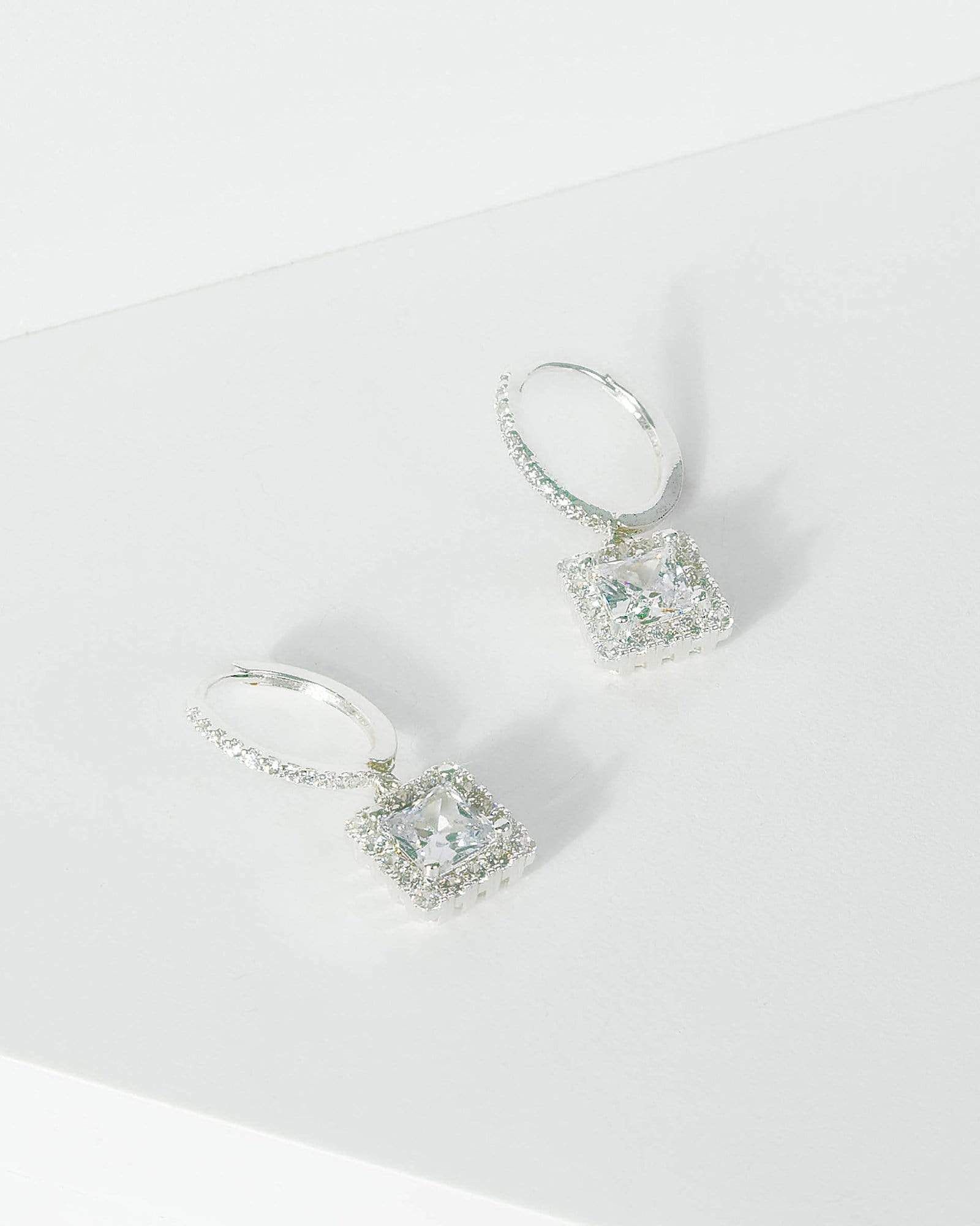 Silver Cubic Zirconia Square Detail Drop Hoop Earrings sold by Collete Hayman