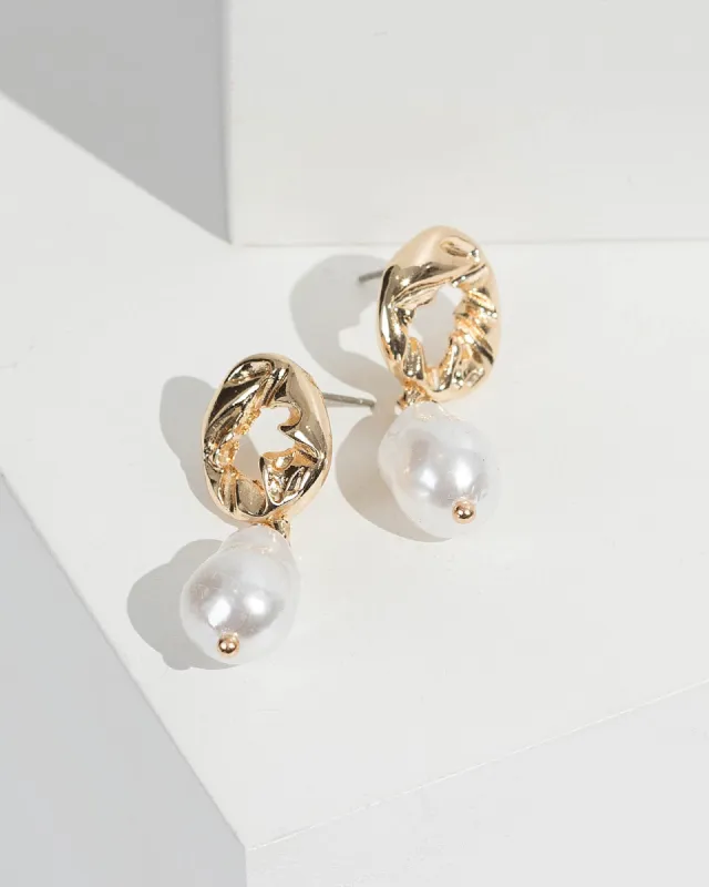 Gold Hammered Round Metal Pearl Drop Earrings sold by Collete Hayman