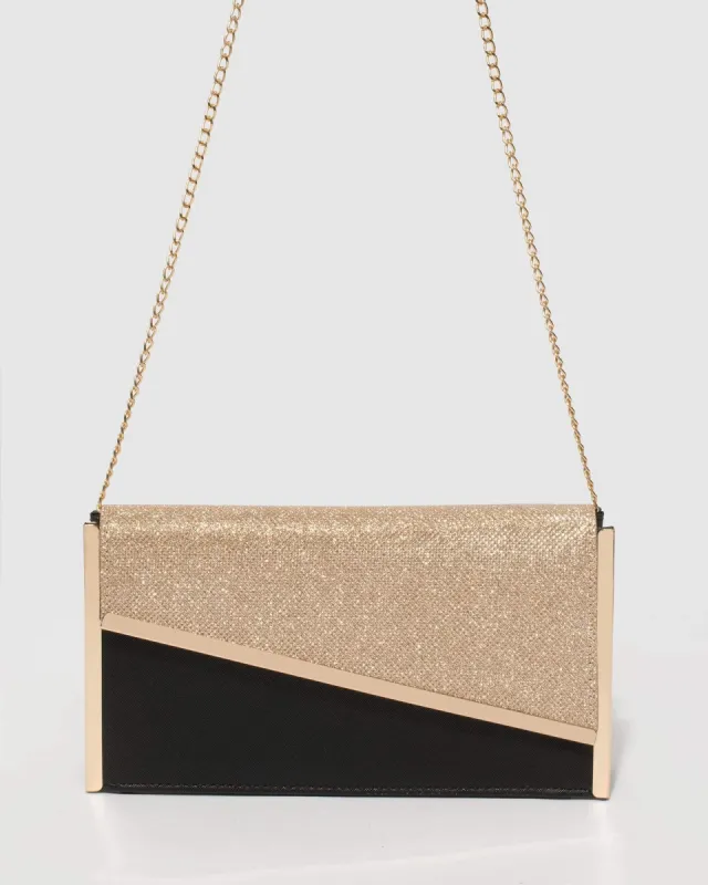 Black and Gold Jessie Diagonal Bar Clutch Bag sold by Collete Hayman