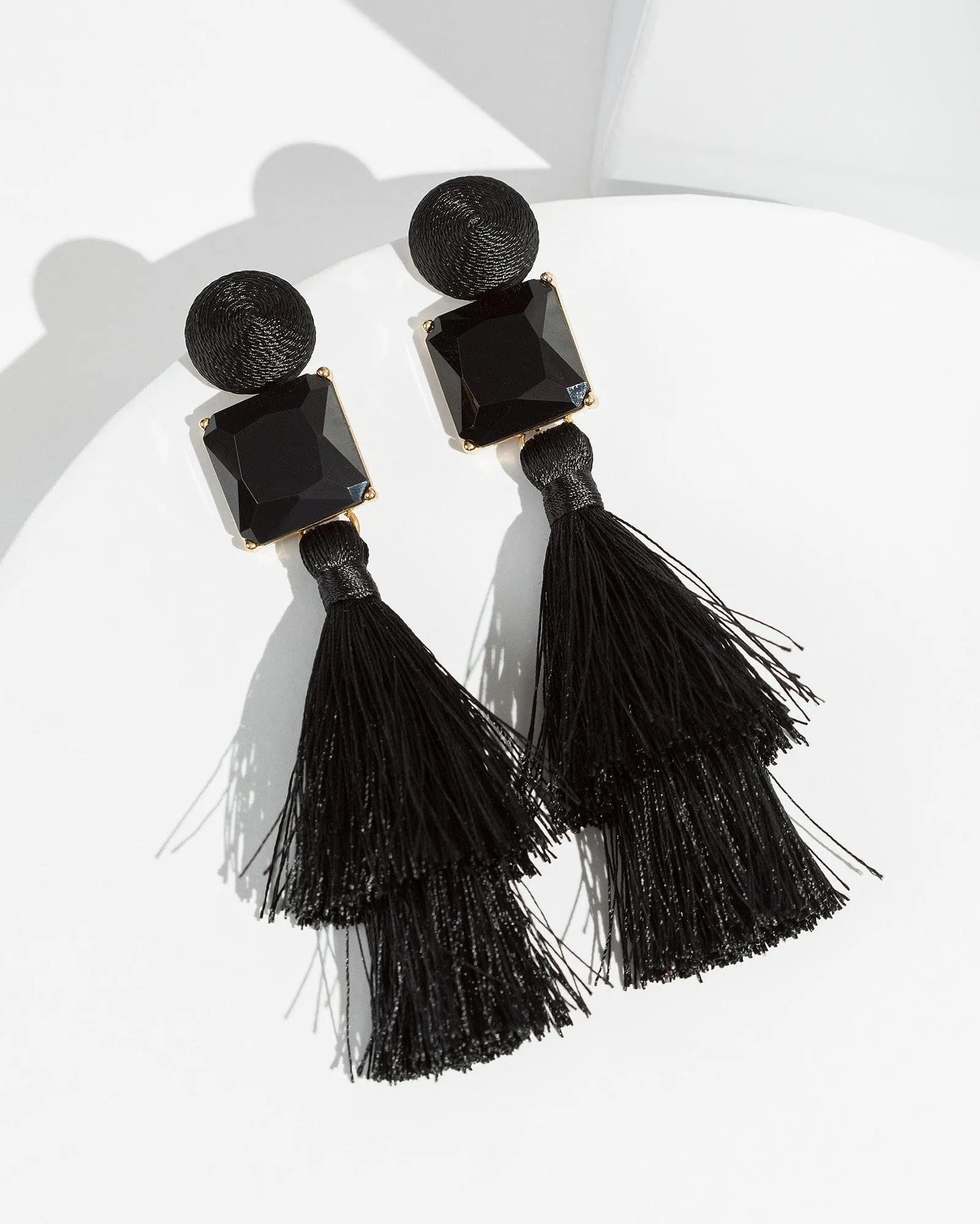 Black Double Tassel Statement Earrings sold by Collete Hayman
