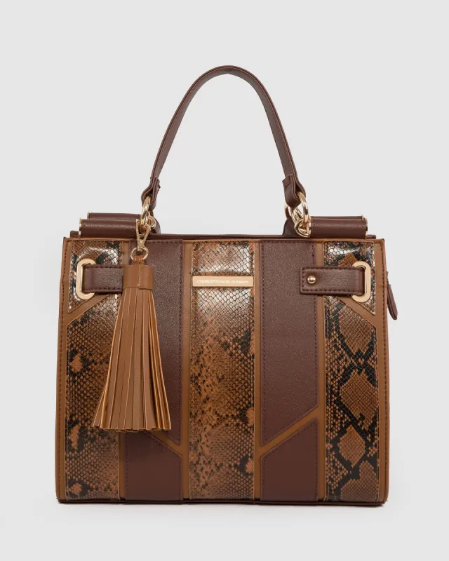 Brown Stephanie Vertical Panel Tote Bag sold by Collete Hayman