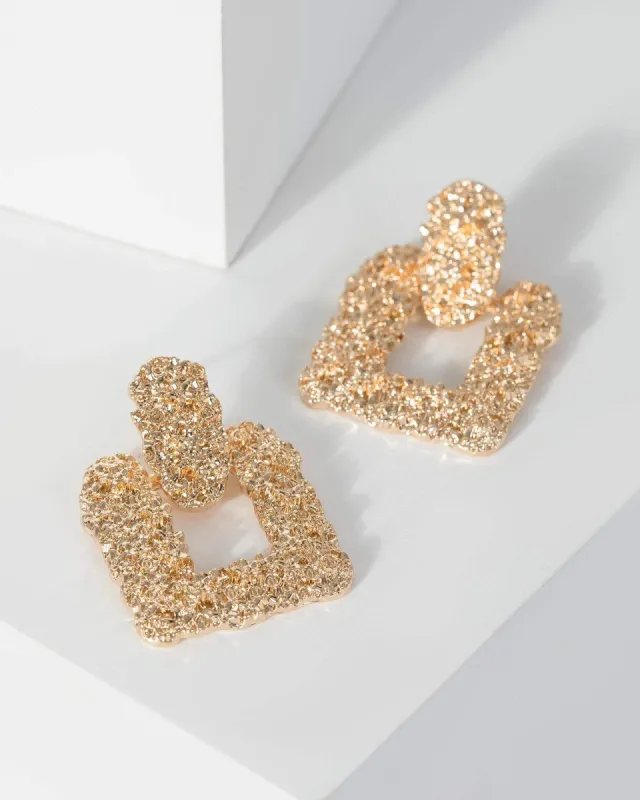 Gold Square Textured Detail Drop Earrings sold by Collete Hayman