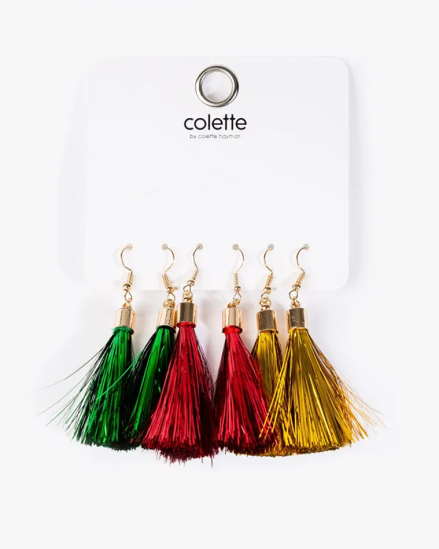 Multi Colour 3 Pack Tinsel Tassel Earrings sold by Collete Hayman