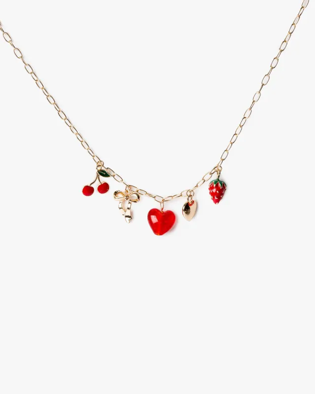 Red Multi Charm Heart & Strawberry Necklace sold by Collete Hayman