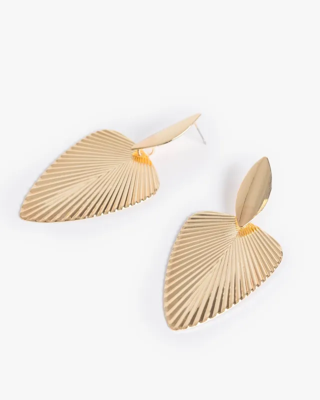 Gold Metal Flat Fan Leaf Drop Earrings sold by Collete Hayman