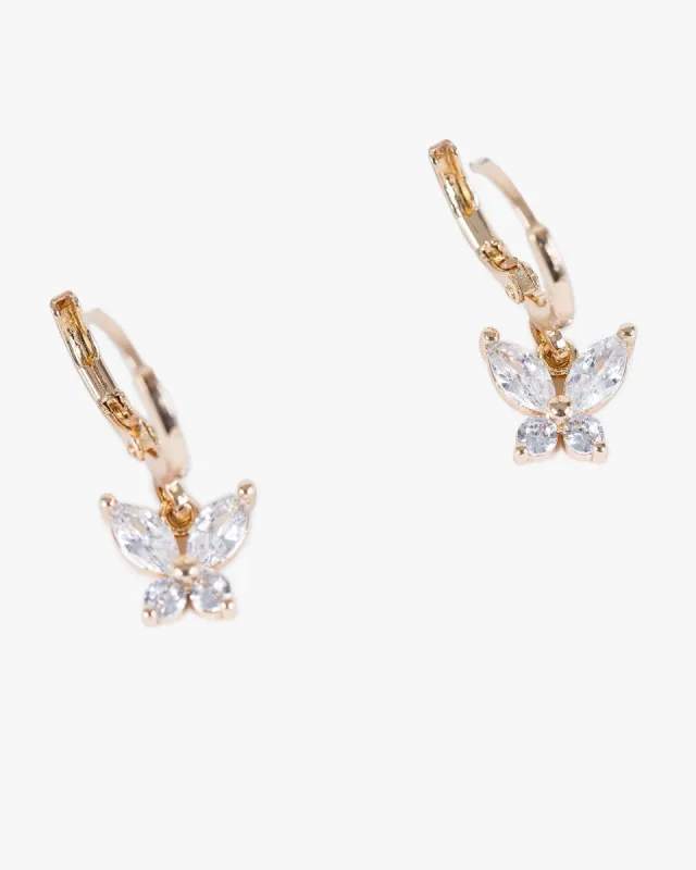 Gold Cubic Zirconia Butterfly  Huggie Hoop Earrings sold by Collete Hayman