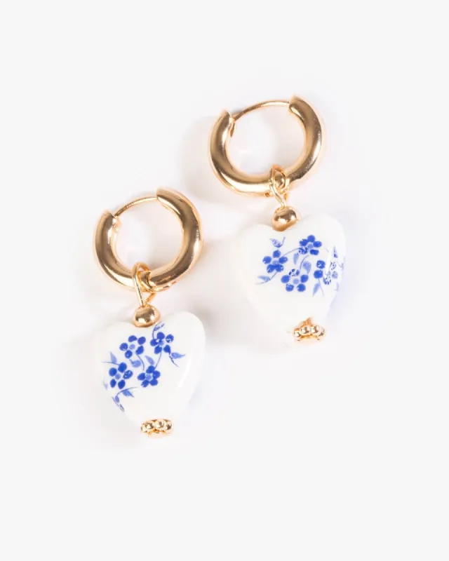 White & Blue  Printed Heart Huggie Hoop Earrings sold by Collete Hayman