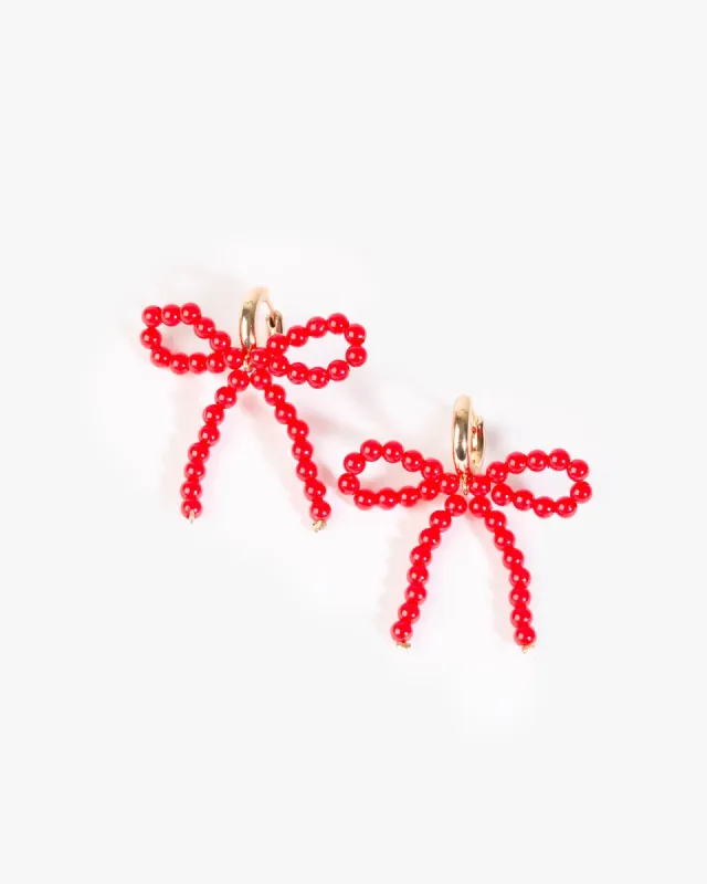 Red Beaded Bow Huggie Hoop Earrings sold by Collete Hayman