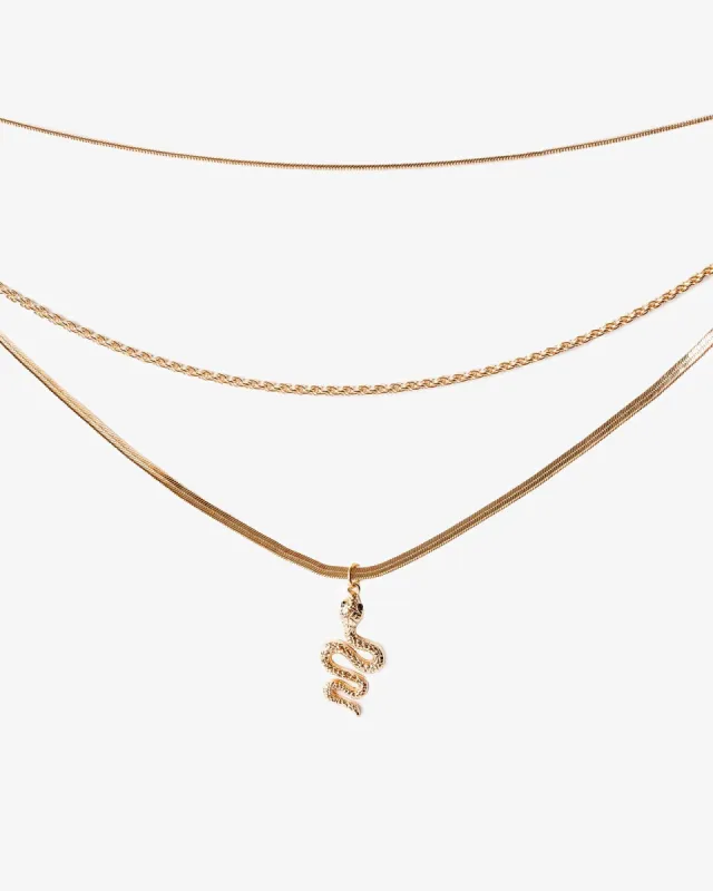 Gold Layered Chain Snake Detail 3 Pack Necklace sold by Collete Hayman