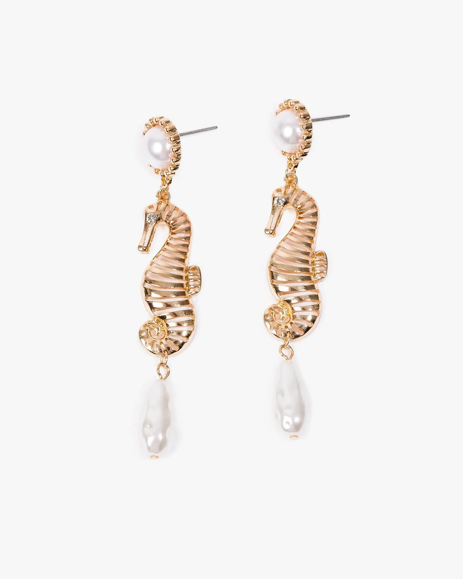 Gold Seahorse Motif Pearl Drop Earrings sold by Collete Hayman
