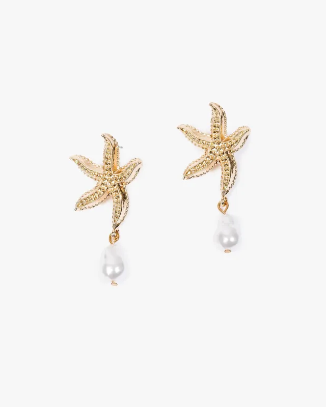 Gold Pearl Drop Textured Starfish Motif Earrings sold by Collete Hayman