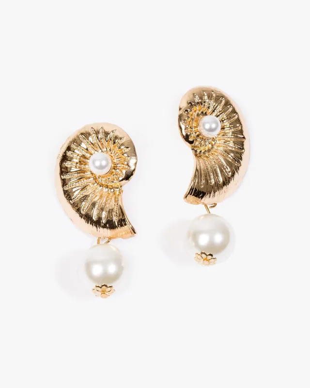 Gold Swirl Beach Charm Pearl Detail Earrings sold by Collete Hayman